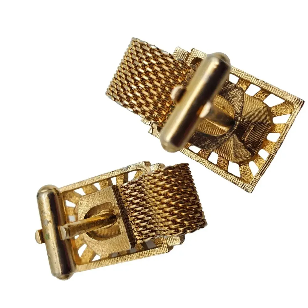 Swank Green Glass Cufflinks Gold Tone Mesh Wrap Stone Retro MCM Large Menswear